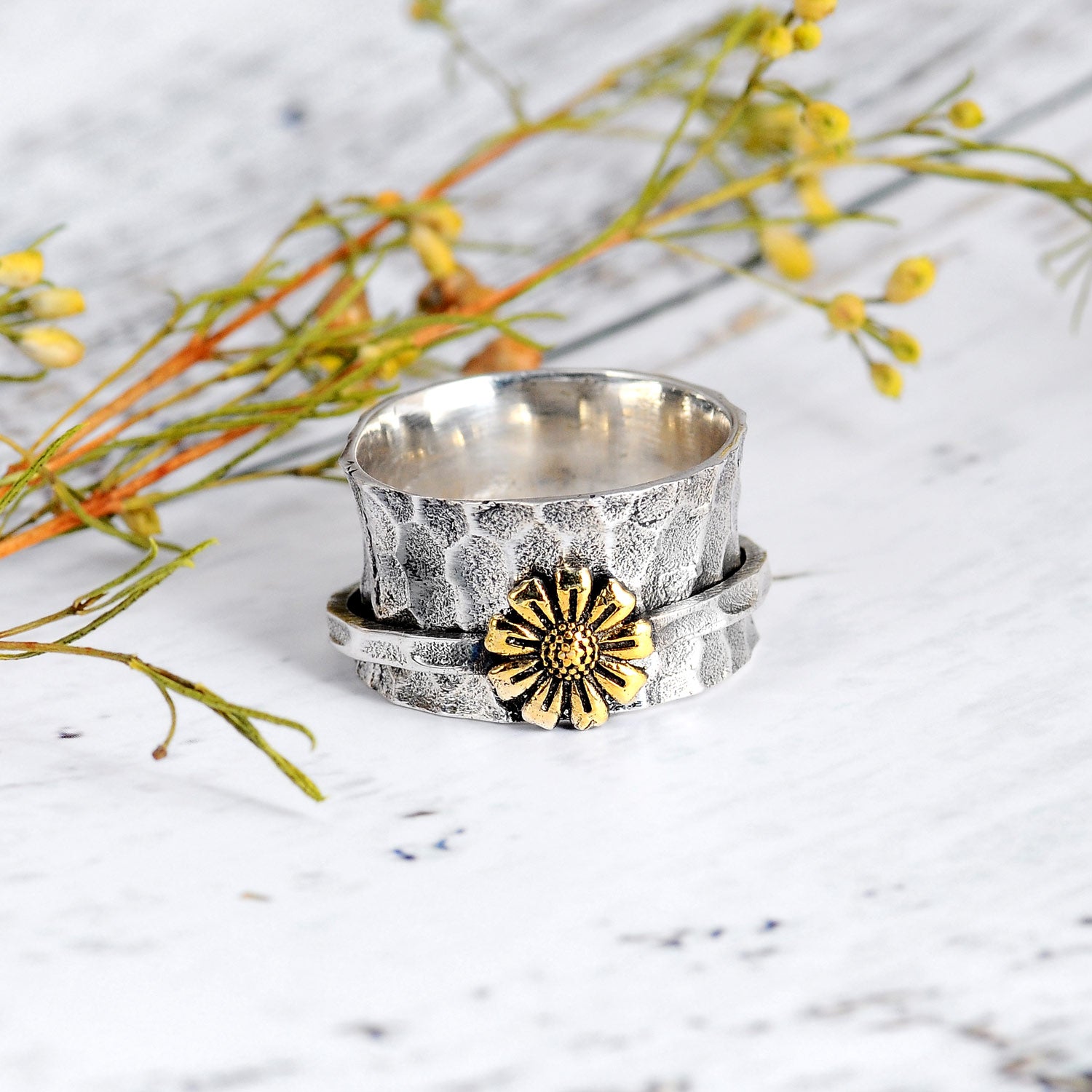 Spinner Sunflower Wide Ring Sterling Silver – Boho Magic Jewelry