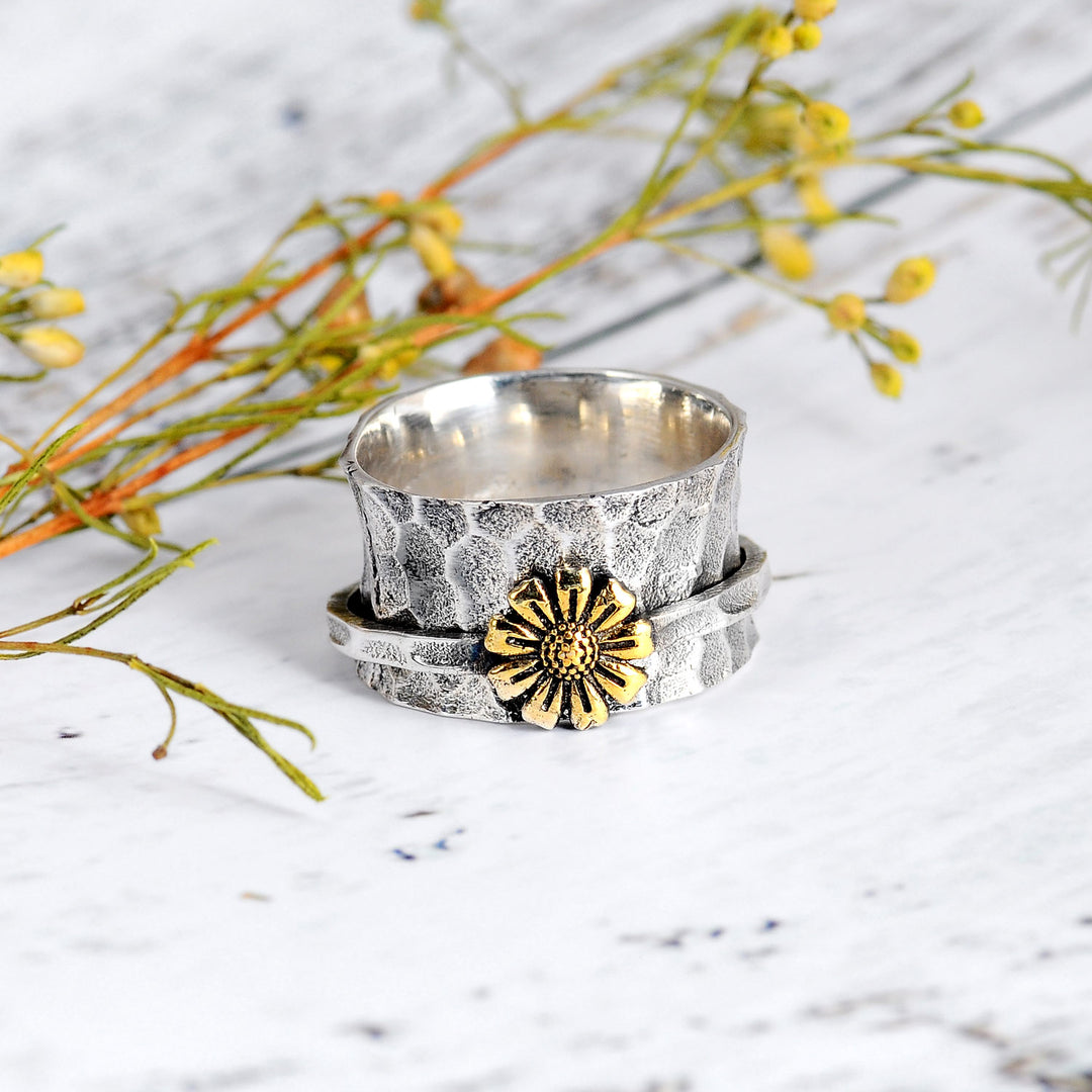 Spinner Sunflower Wide Ring Sterling Silver