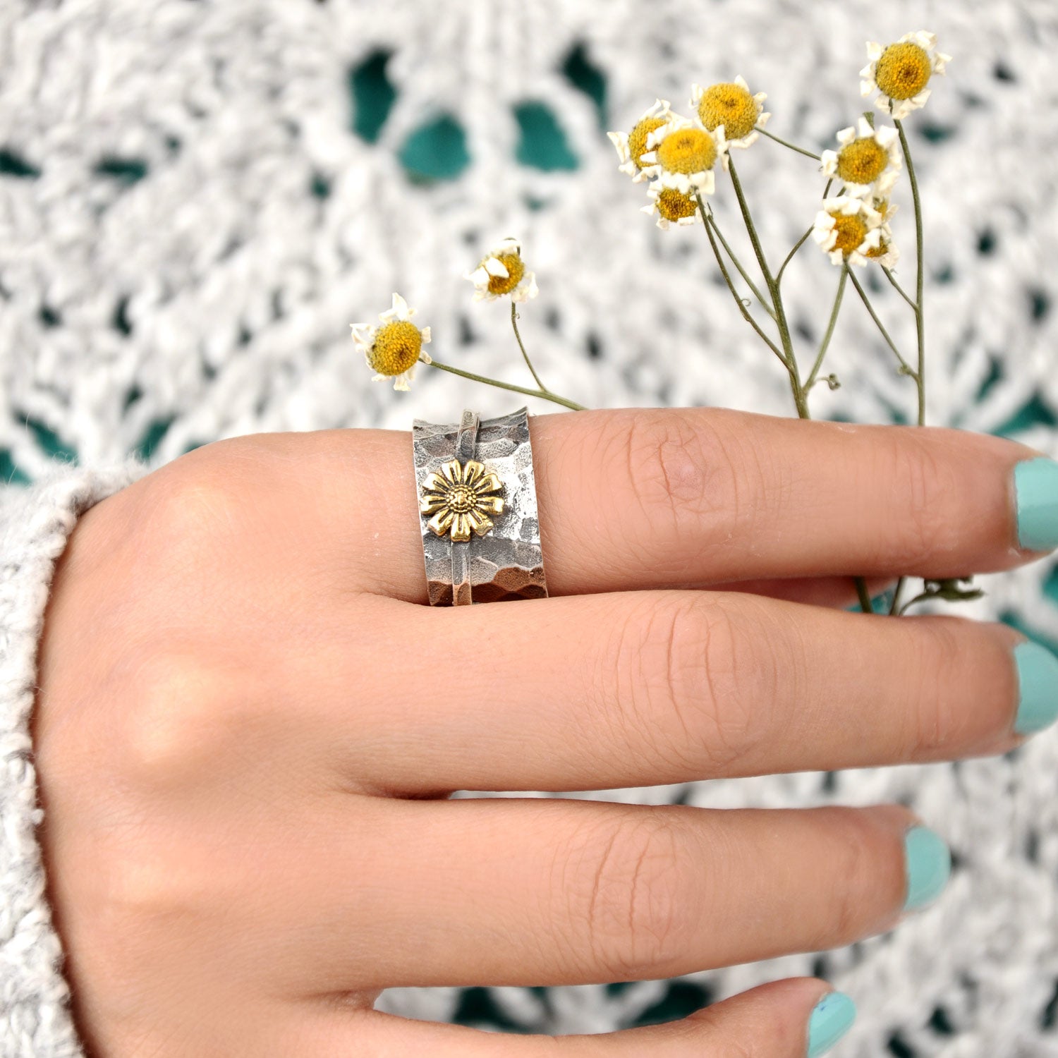 Spinner Sunflower Wide Ring Sterling Silver – Boho Magic Jewelry