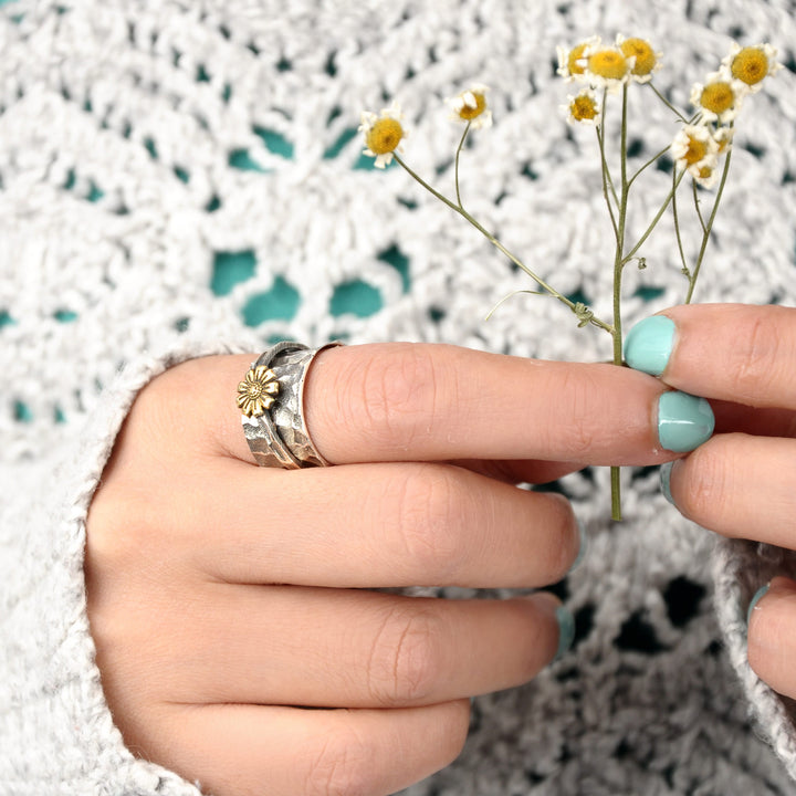 Spinner Sunflower Wide Ring Sterling Silver