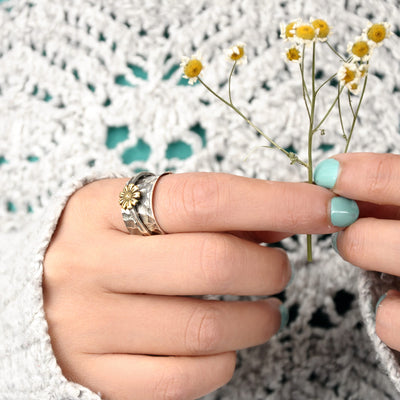 Spinner Sunflower Wide Ring Sterling Silver - Boho Magic