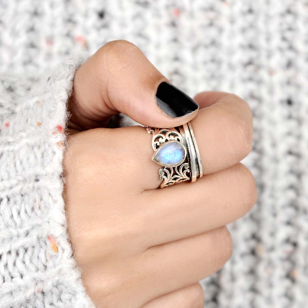 Sterling Silver Spinner Teardrop Moonstone Ring