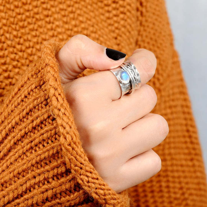 Moonstone Leaf Spinner ring Sterling Silver