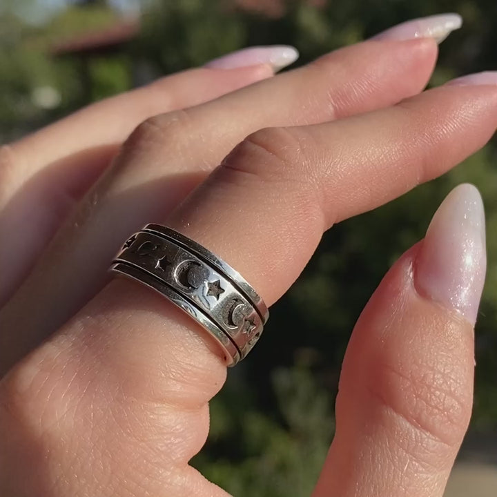 Saturn, Stars and Moon Fidget Ring Sterling Silver