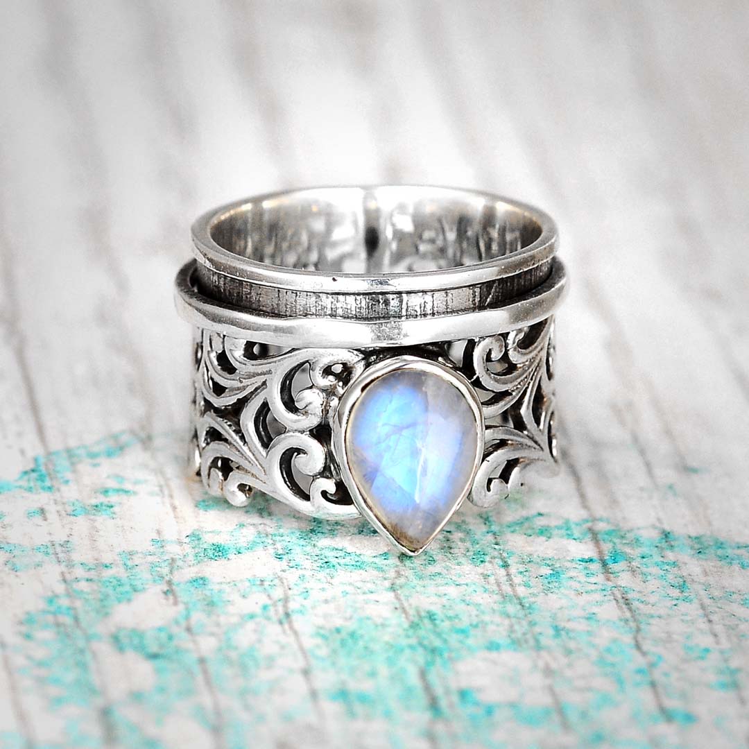 Sterling Silver Spinner Teardrop Moonstone Ring