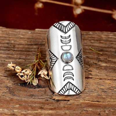 Full Finger Moon Phase Ring with Moonstone Sterling Silver - Boho Magic