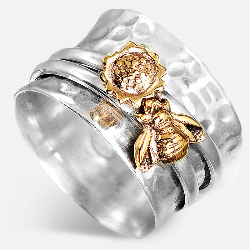 Fidget Sunflower and Bee Ring Sterling Silver