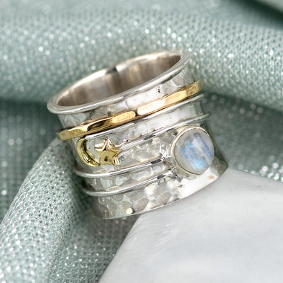 Star Moon and Moonstone Fidget Ring Sterling Silver - Boho Magic