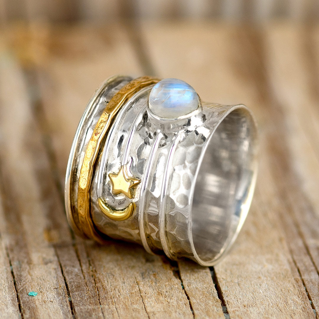 Star Moon and Moonstone Fidget Ring Sterling Silver