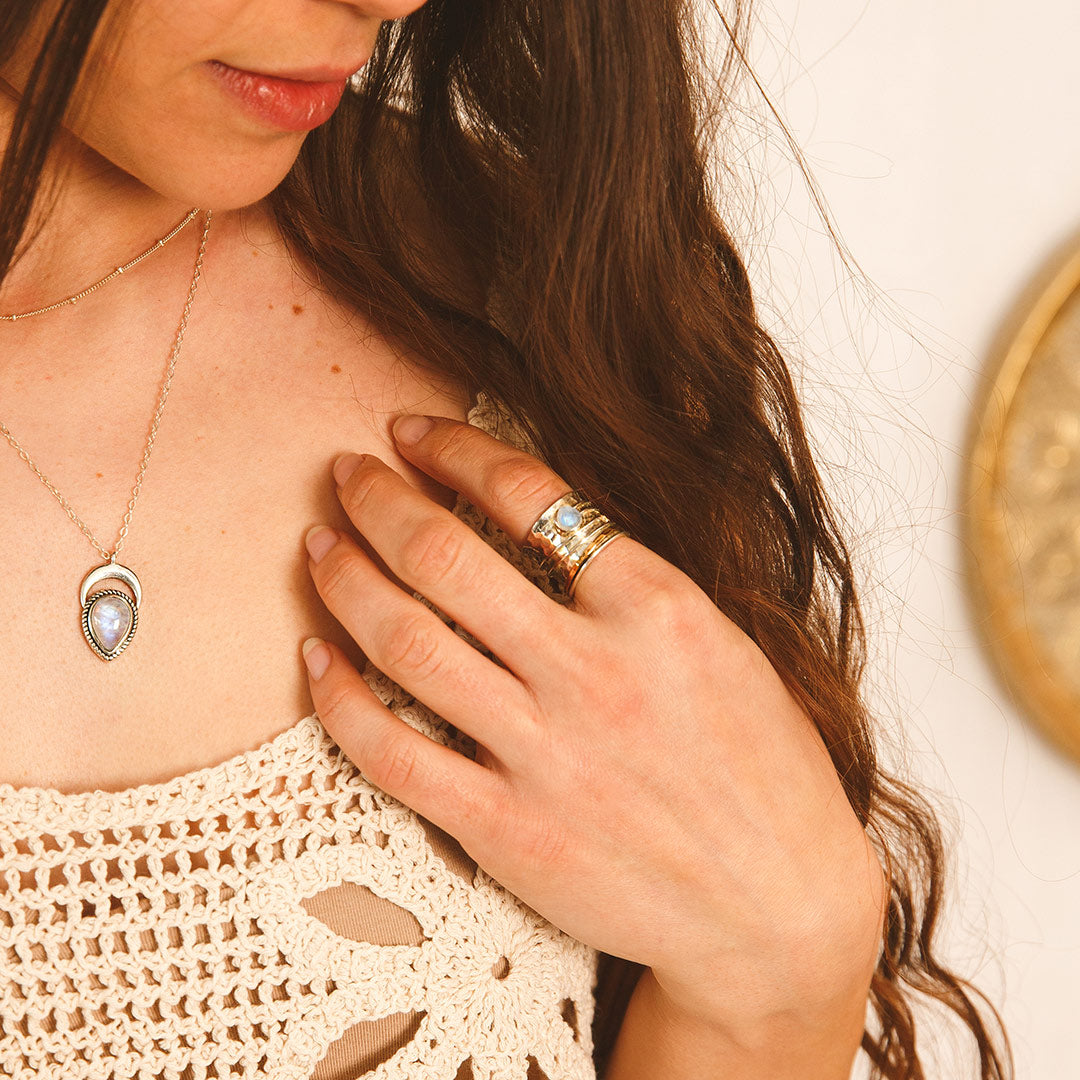 Star Moon and Moonstone Fidget Ring Sterling Silver