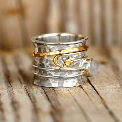 Star Moon and Moonstone Fidget Ring Sterling Silver - Boho Magic