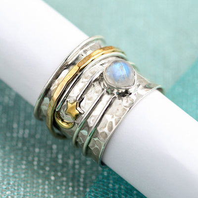 Star Moon and Moonstone Fidget Ring Sterling Silver - Boho Magic
