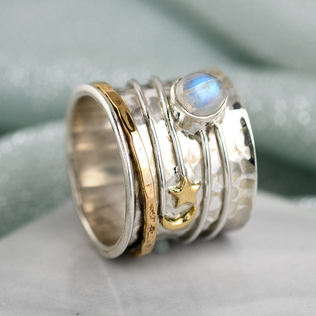Star Moon and Moonstone Fidget Ring Sterling Silver