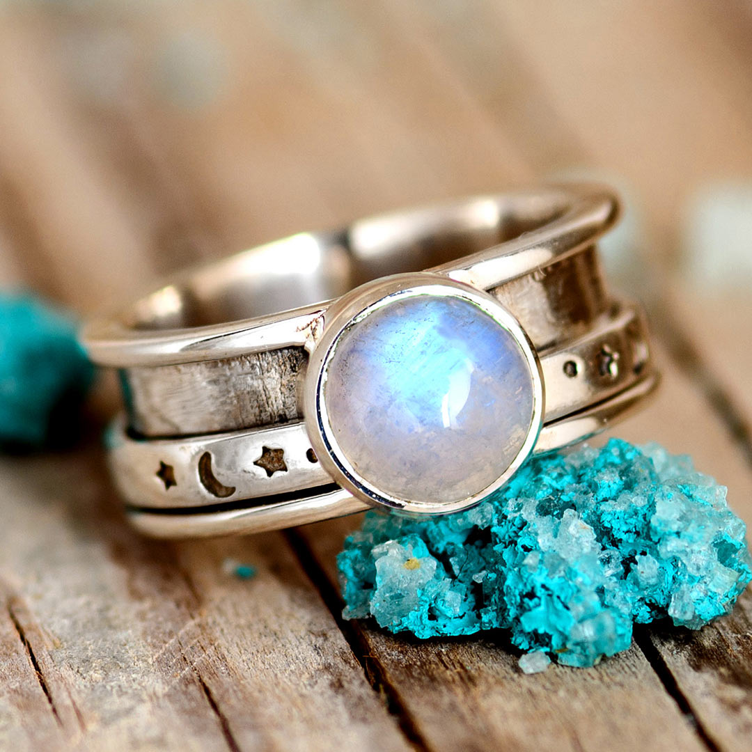 Stars Moon and Moonstone Fidget Ring Sterling Silver