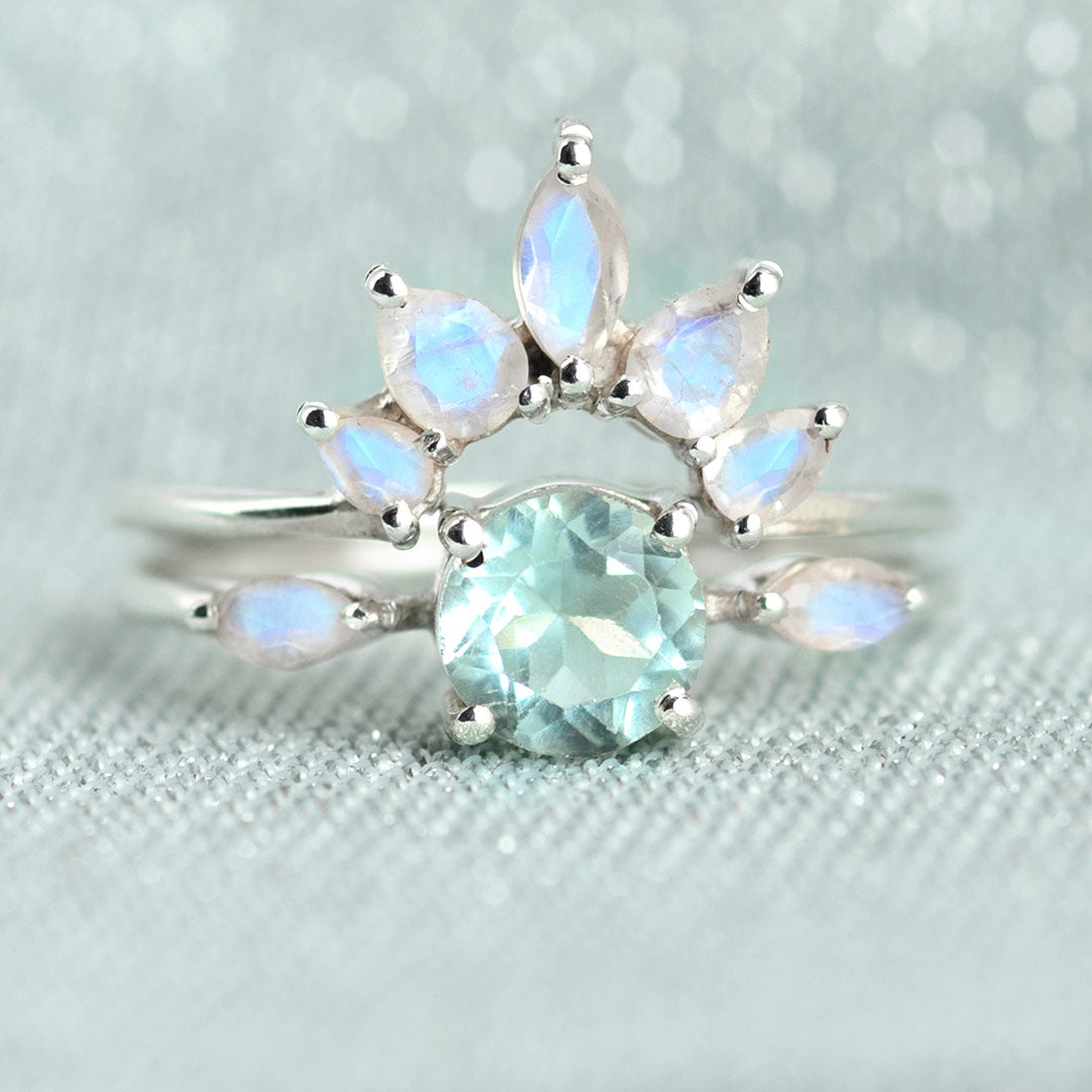 Aquamarine and Moonstone Stackable Ring Set Sterling Silver