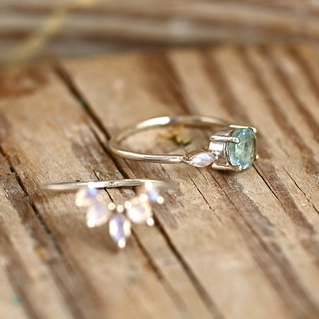 Aquamarine and Moonstone Stackable Ring Set Sterling Silver