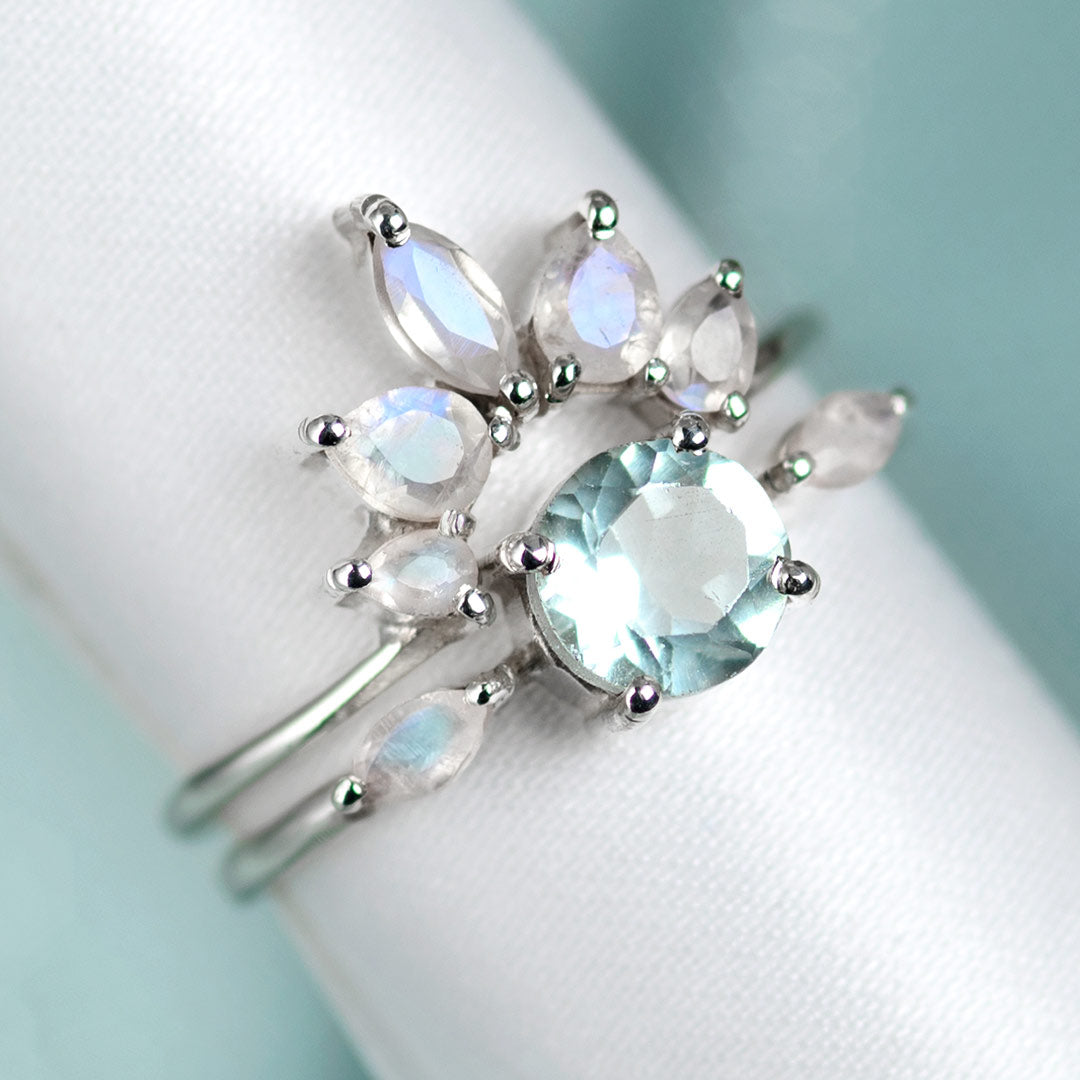 Aquamarine and Moonstone Stackable Ring Set Sterling Silver