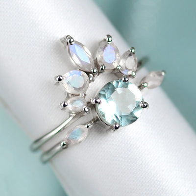 Aquamarine and Moonstone Stackable Ring Set Sterling Silver - Boho Magic