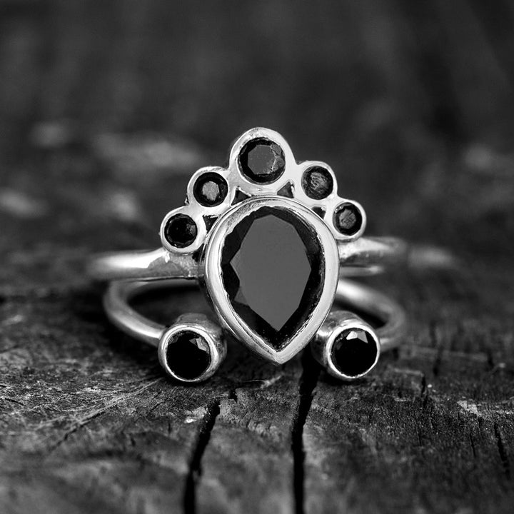 Stapelbares Ringset aus schwarzem Onyx, Sterlingsilber