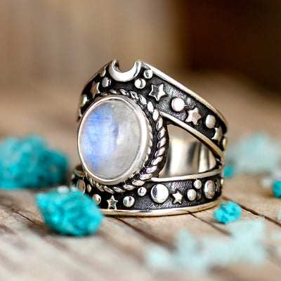 Celestial Moonstone Ring Sterling Silver - Boho Magic