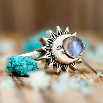 Sun and Moon Moonstone Ring Sterling Silver - Boho Magic