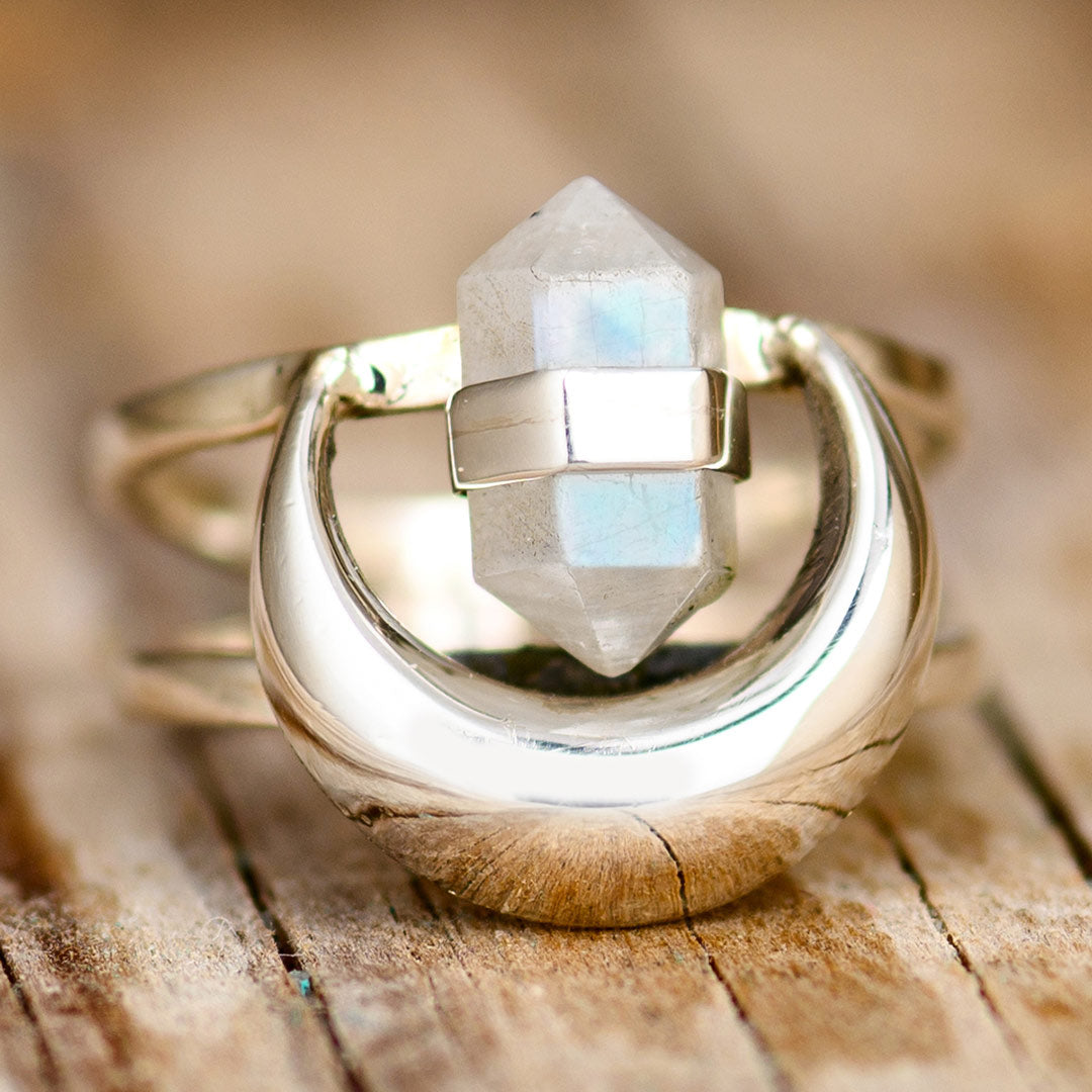 Moonstone Crystal Point Moon Ring Sterling Silver