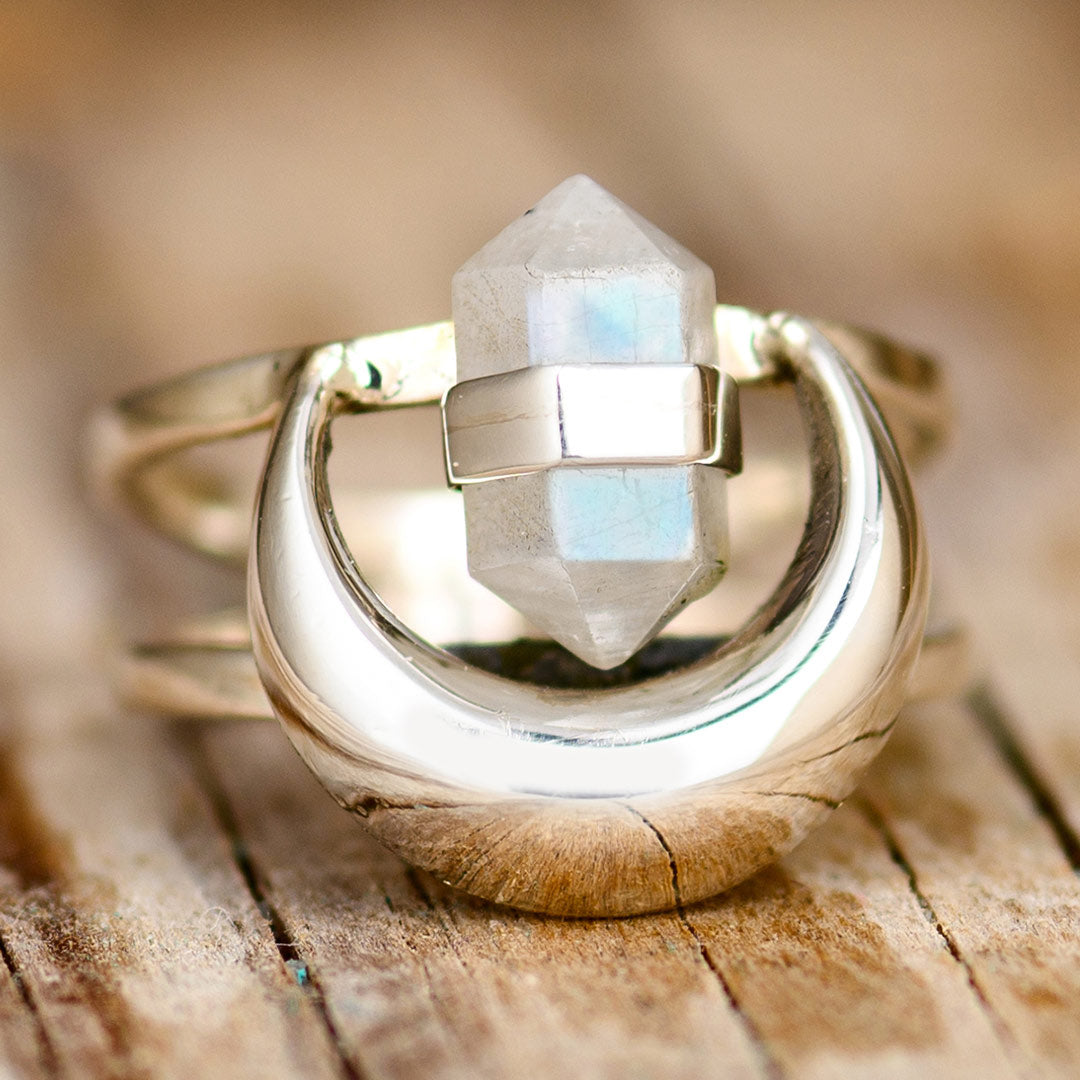 Healing Crystal Point Moonstone Moon Ring Sterling Silver