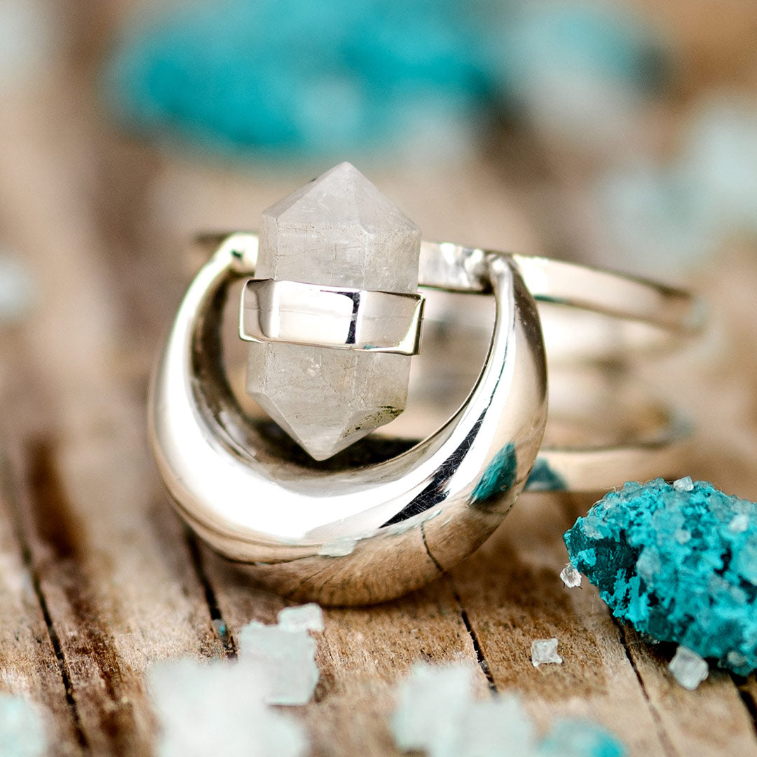 Moonstone Crystal Point Moon Ring Sterling Silver 7