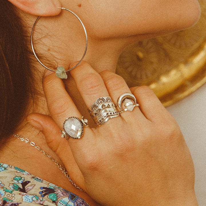 Moonstone Crystal Point Moon Ring Sterling Silver