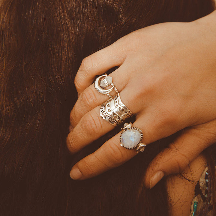 Moonstone Crystal Point Moon Ring Sterling Silver