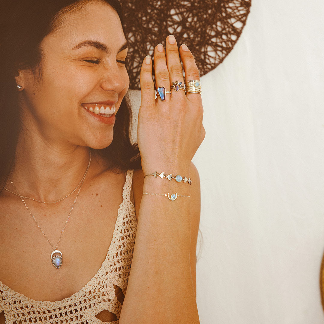 Crescent Moon Moonstone Layered Necklace Sterling Silver