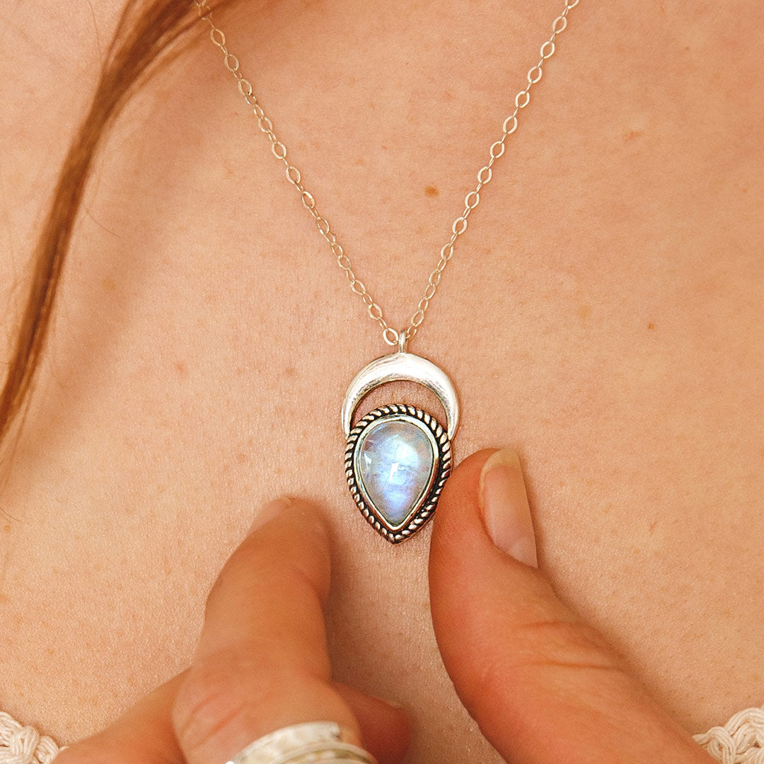 Crescent Moon Moonstone Layered Necklace Sterling Silver