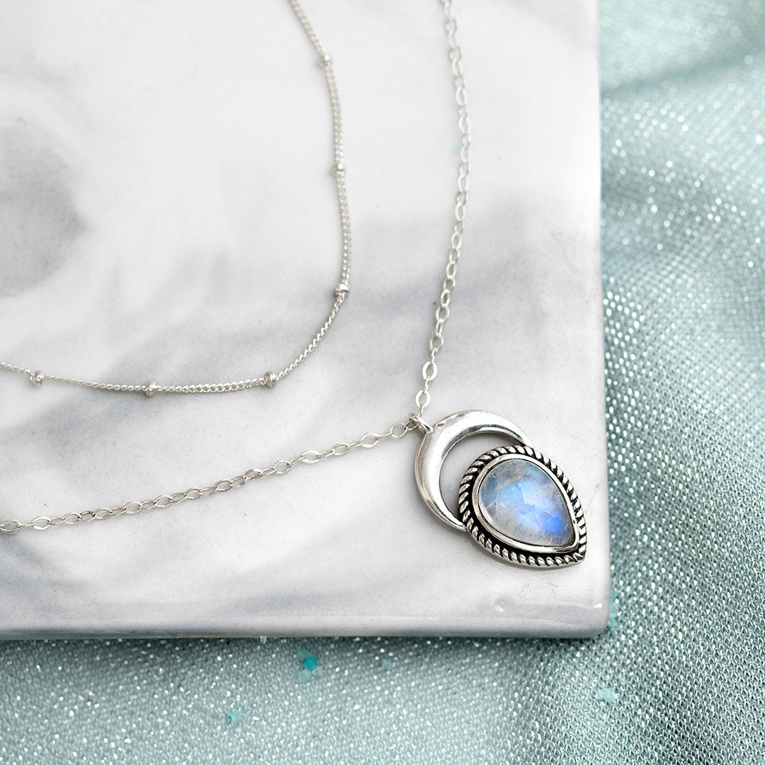 Crescent Moon Moonstone Layered Necklace Sterling Silver