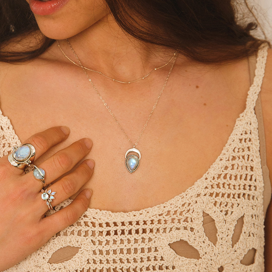 Crescent Moon Moonstone Layered Necklace Sterling Silver