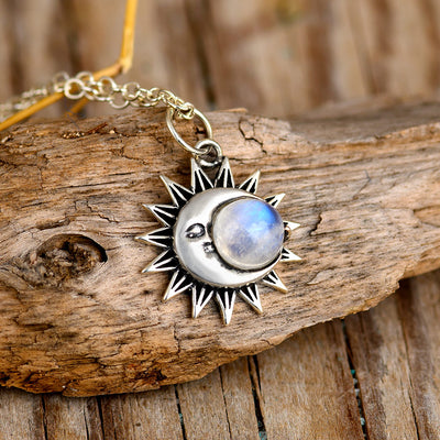 Sun and Moon Necklace with Moonstone Necklace Sterling Silver - Boho Magic