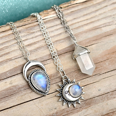 Sun and Moon Necklace with Moonstone Necklace Sterling Silver - Boho Magic