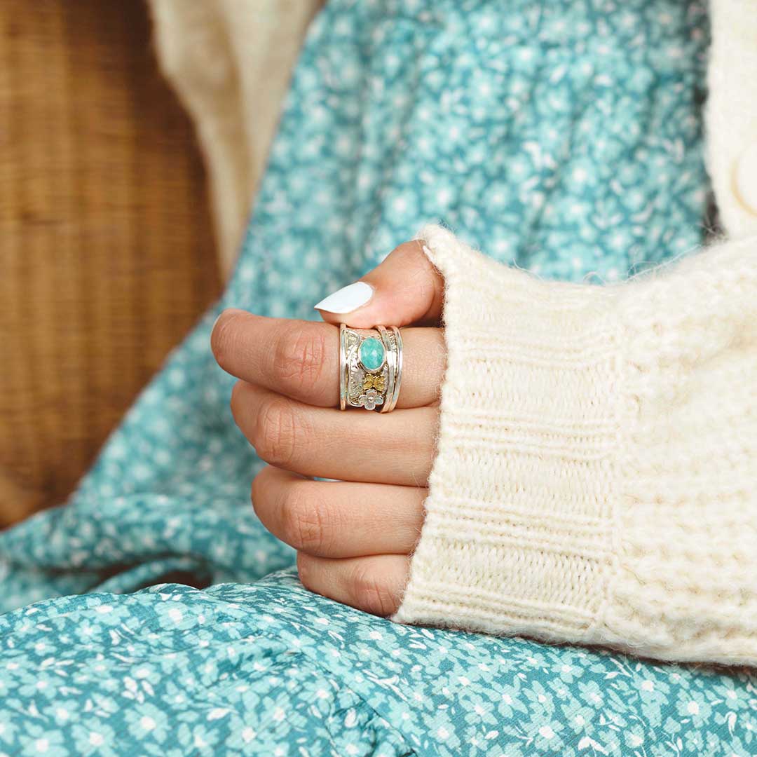 Amazonite Butterfly and Flower Fidget Ring