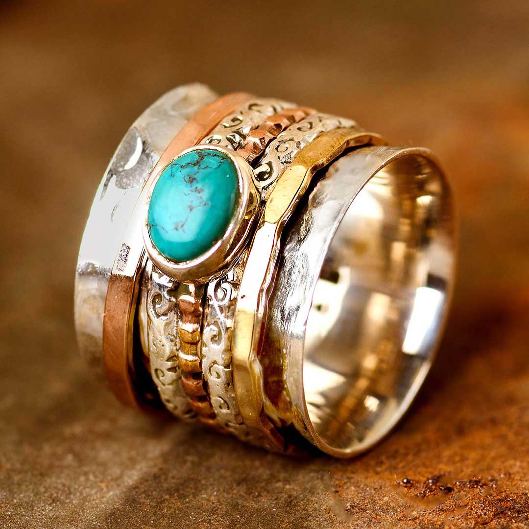 Tri Color Turquoise Fidget Ring Sterling Silver