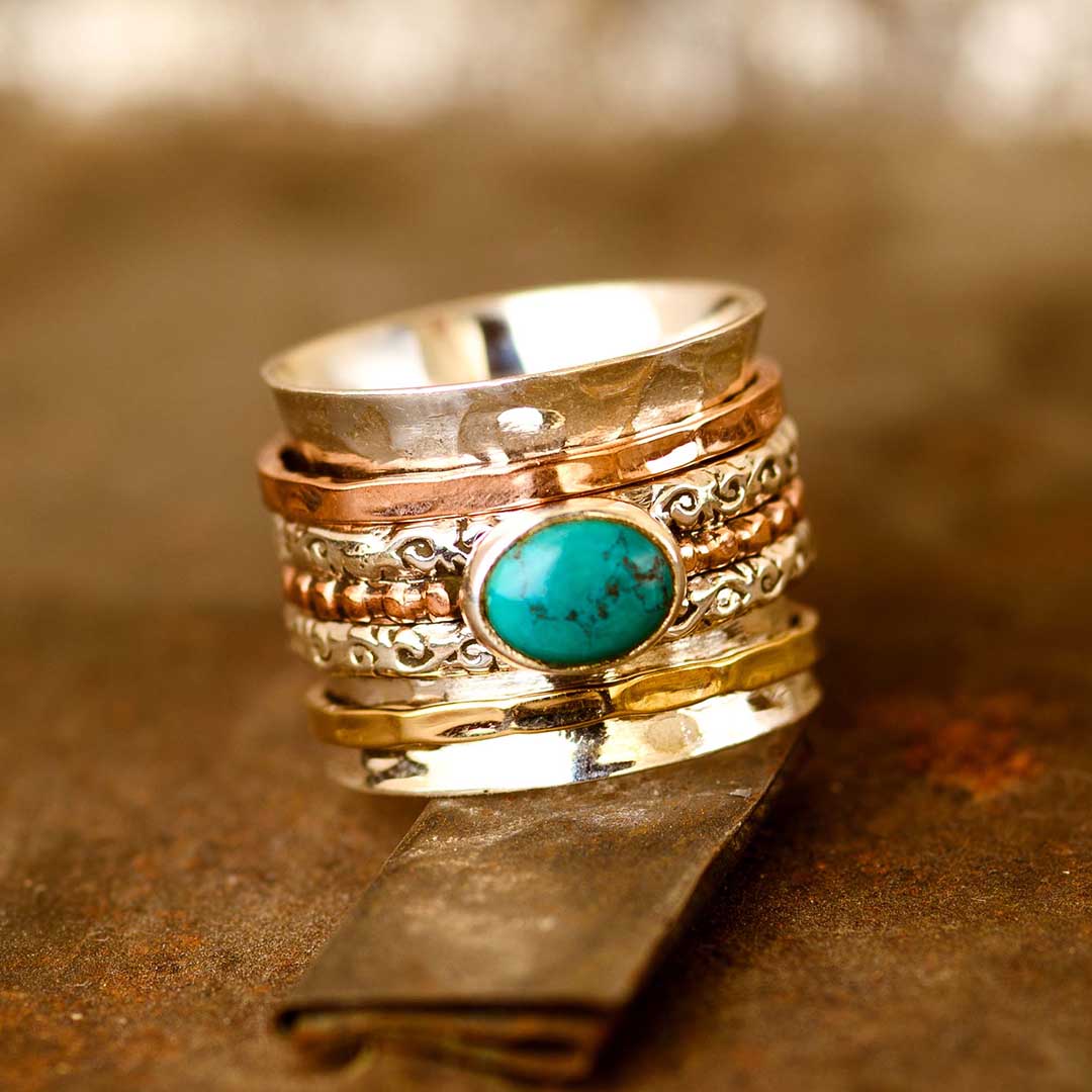 Tri Color Turquoise Fidget Ring Sterling Silver