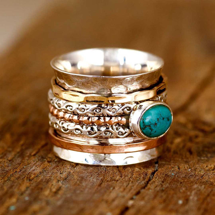 Tri Color Turquoise Fidget Ring Sterling Silver