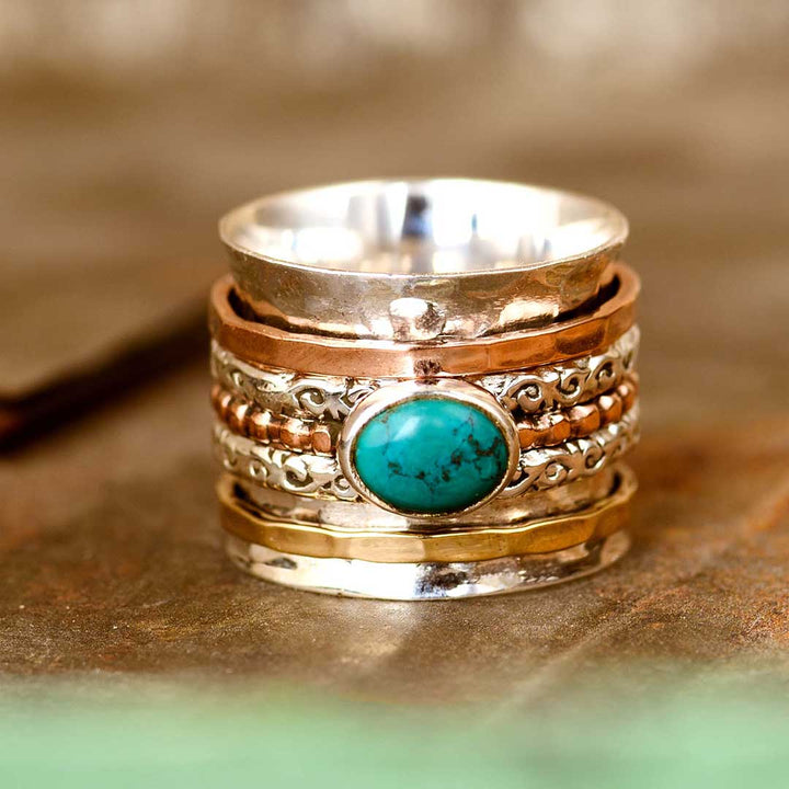 Tri Color Turquoise Fidget Ring Sterling Silver