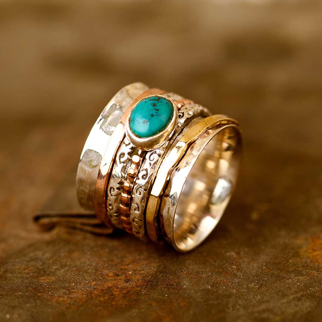 Tri Color Turquoise Fidget Ring Sterling Silver