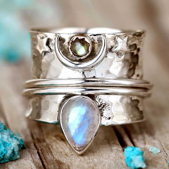 Moonstone Labradorite Fidget Moon Ring Sterling Silver