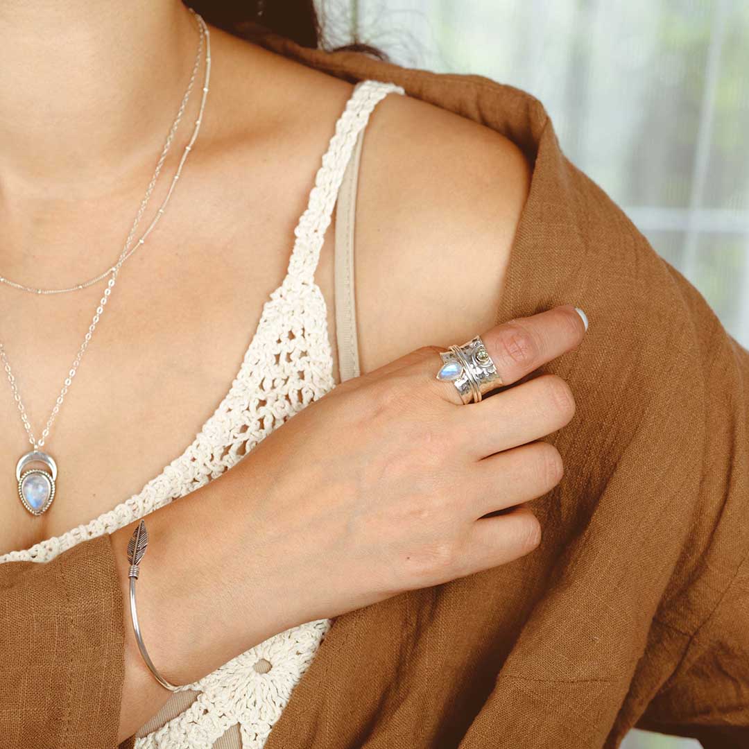 Moonstone Labradorite Fidget Moon Ring Sterling Silver