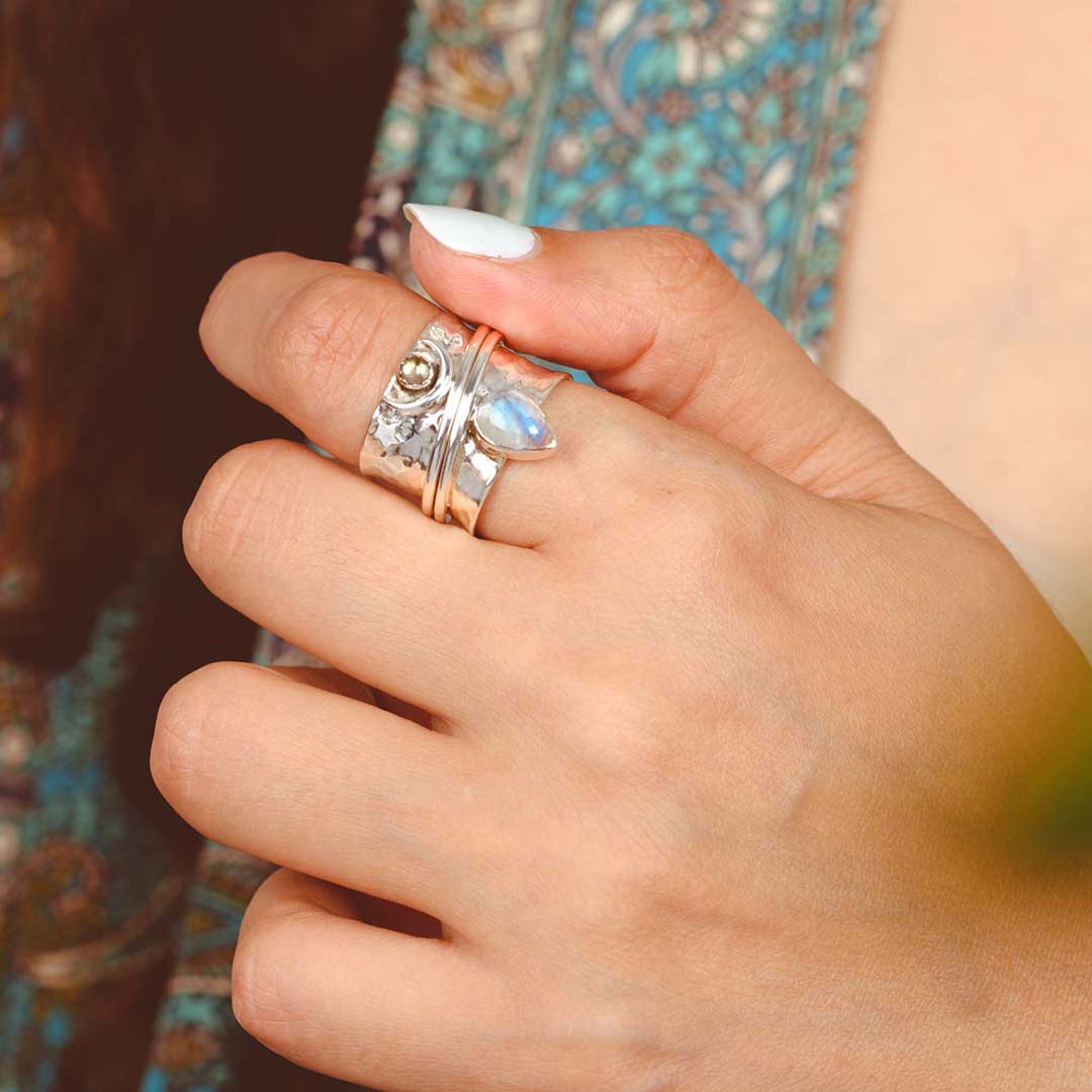 Moonstone Labradorite Fidget Moon Ring Sterling Silver