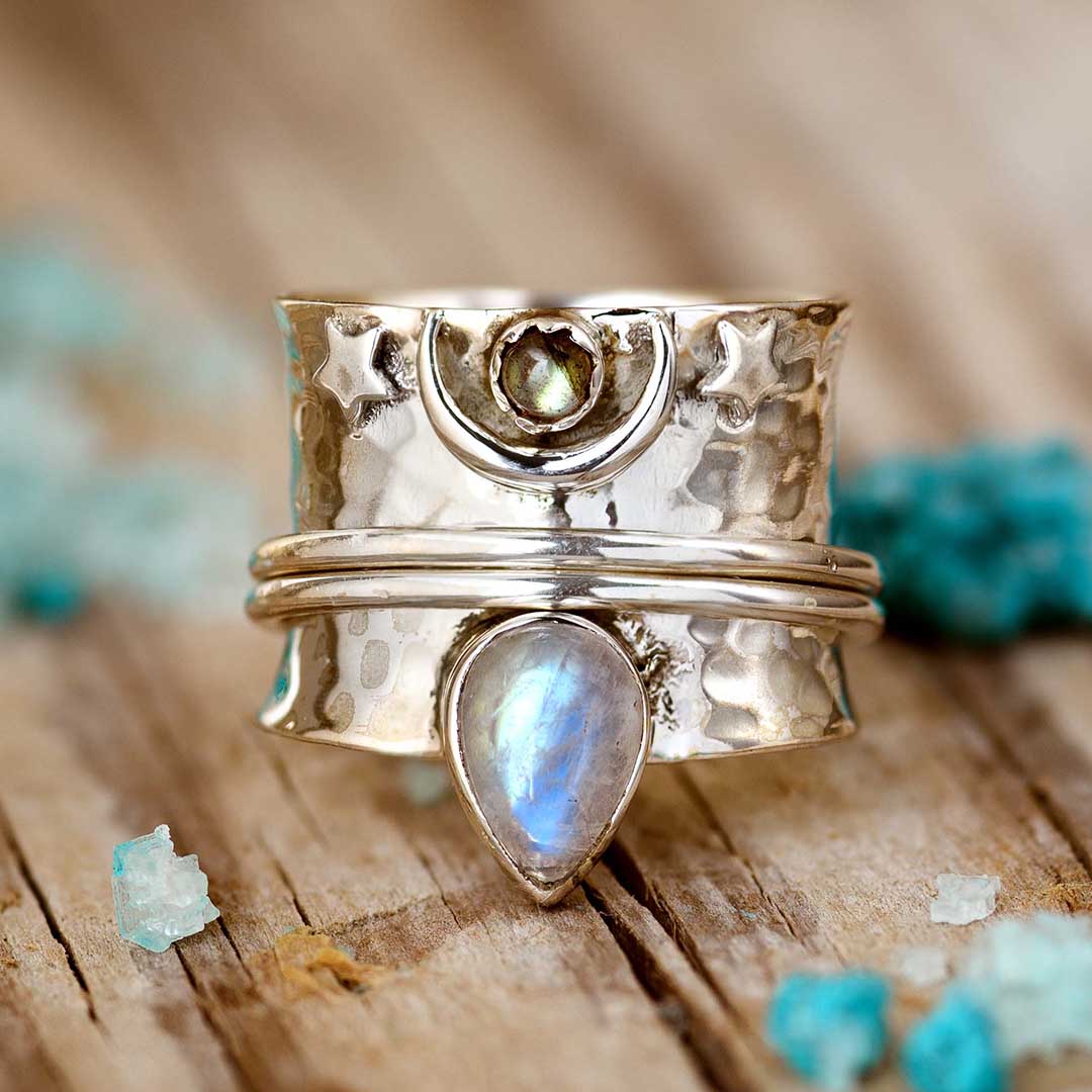 Moonstone Labradorite Fidget Moon Ring Sterling Silver