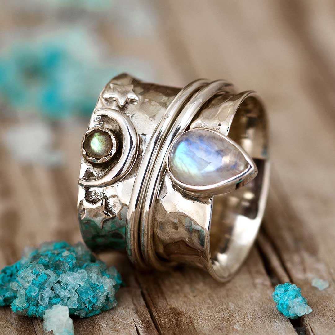 Mondstein Labradorit Fidget Mond Ring Sterling Silber