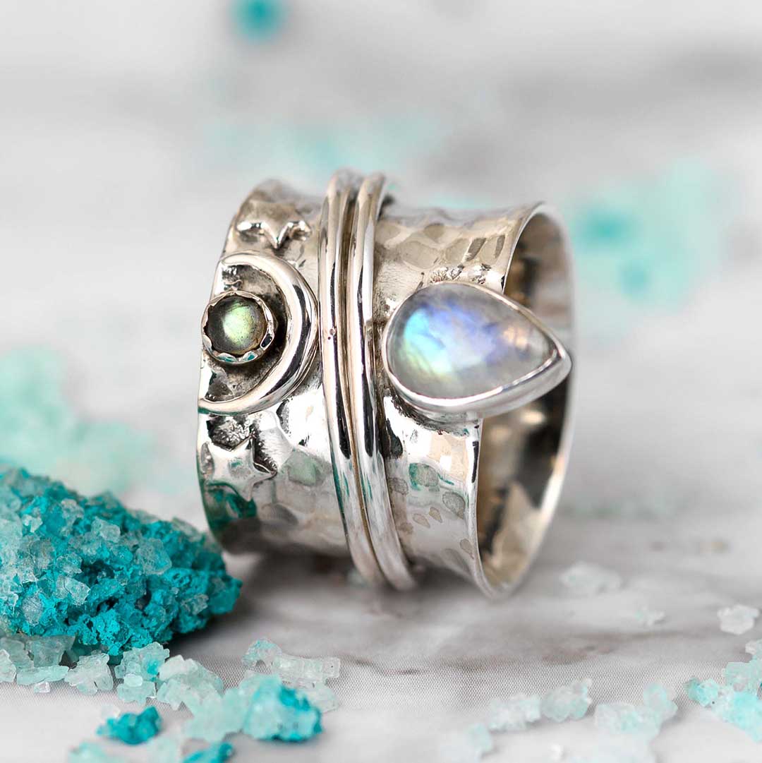 Rainbow Moonstone Spinner Ring, Meditation Fidget Ring, Spinner Ring for Women, newest Moonstone Ring, Crescent Moon Ring, Sun Ring, Three Band