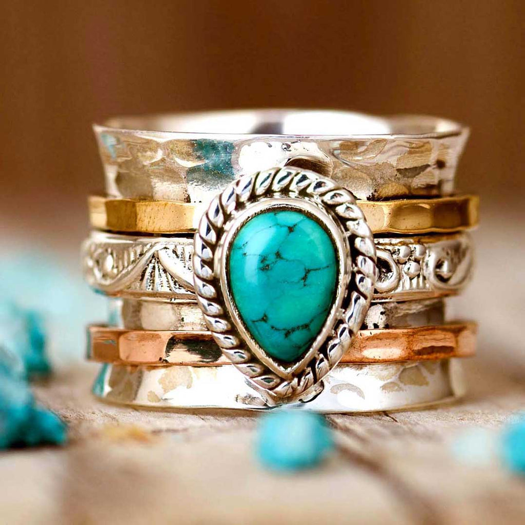 Teardrop Turquoise Fidget Ring Sterling Silver Boho Magic Jewelry