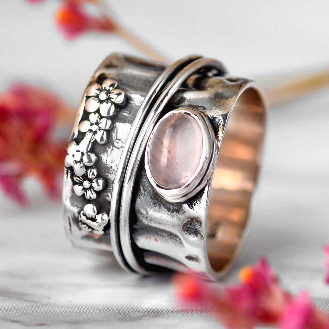 Rose Quartz Flowers and Butterfly Spinner Ring